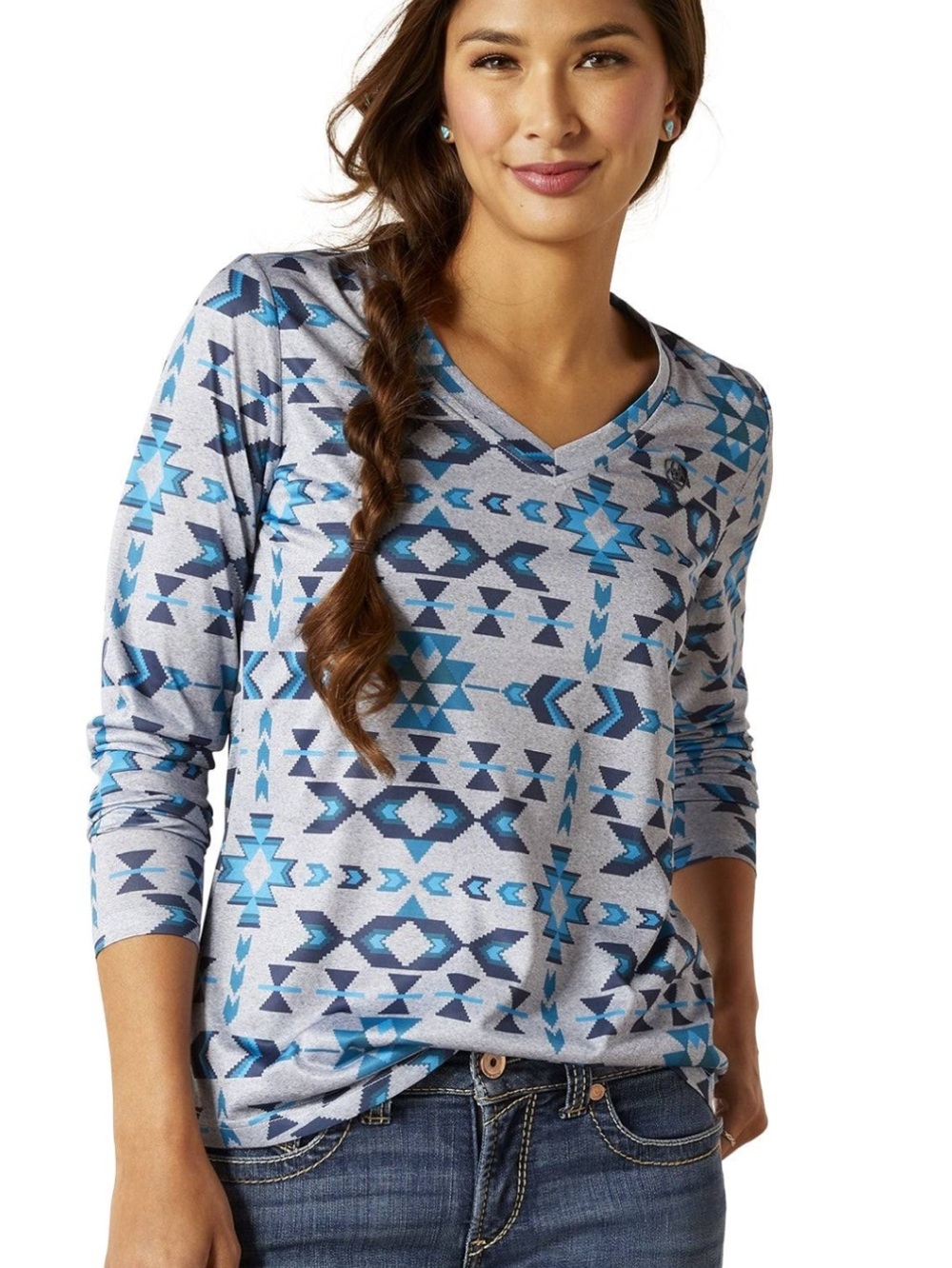 Ariat Teal and Gray Southwestern V-Neck Long Sleeve Top